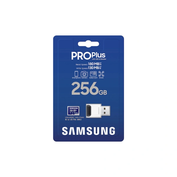 SAMSUNG PRO Plus – Tarjeta de memoria microSD + lector, 256 GB MicroSDXC, hasta 180 MB/s, Full HD y 4K UHD, UHS-I, C10, U3, V30, A2 para teléfonos Android, tabletas, GoPRO, DJI Drone, MB-MD256SB/AM, 2023