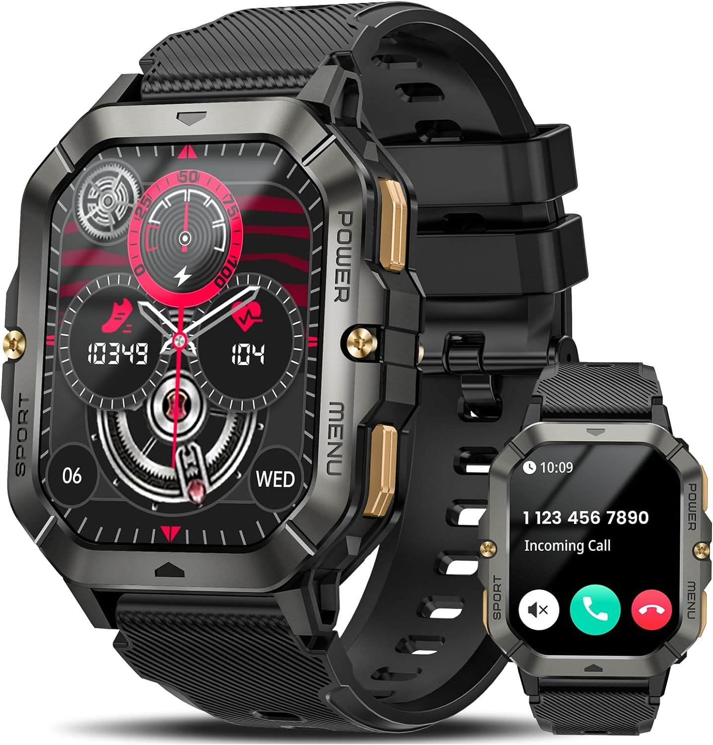 Relojes inteligentes militares para hombres (respuesta/hacer llamadas), reloj inteligente de fitness de 2.02 pulgadas para Android y iPhone, rastreador de fitness impermeable con presión